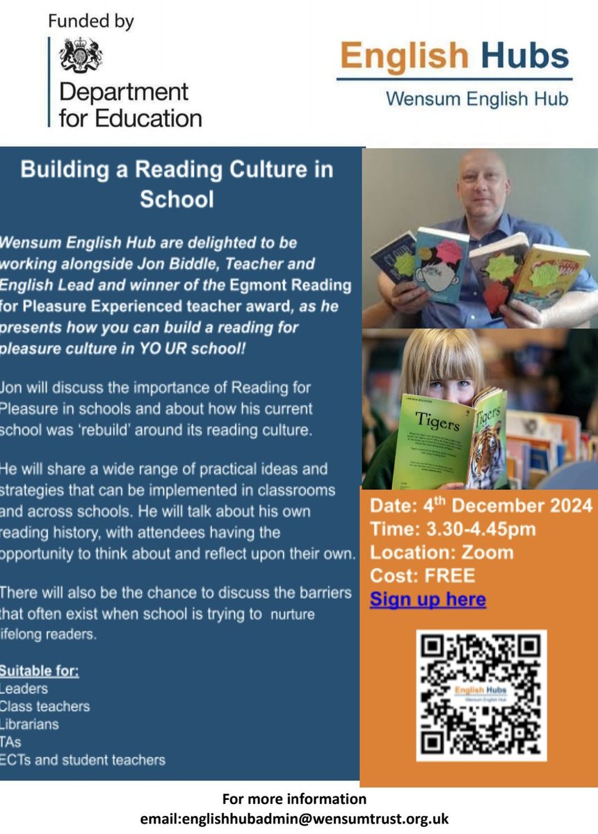 SAVE THE DATE: 
Wednesday 4th December at 3.30pm the fabulous <a href="/jonnybid/">Jon Biddle</a> will be delivering this FREE session on Building a Reading Culture in your school 📚📖❤️
Spaces are limited - sign up here
👇🏼👇🏼👇🏼
forms.gle/jUFK2heQVTpCQa…