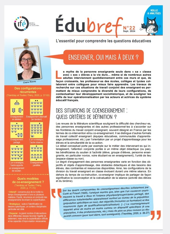 EmilieLeaute's tweet photo. Enseigner à deux : https://t.co/Xt8VR3tJy3. Définition, enjeux, dispositifs... synthèse et éléments de réflexion proposés par @claire_ravez dans le nouvel Edubref @educIFE https://t.co/BfBxlcRf0B