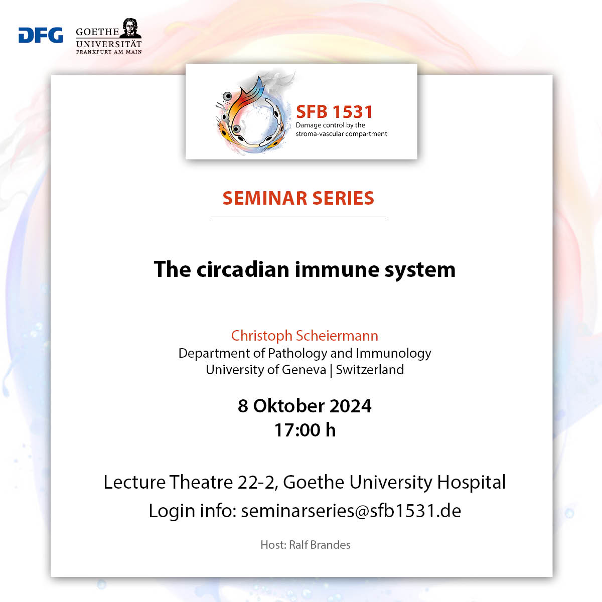 SFB 1531 (@sfb1531) on Twitter photo 📢Looking forward to our SFB 1531 seminar tomorrow with Christoph Scheiermann <a href="/ScheiermannLab/">Christoph Scheiermann Lab</a> talking about the circadian immune system - join us! 📢Looking forward to our SFB 1531 seminar tomorrow with Christoph Scheiermann <a href="/ScheiermannLab/">Christoph Scheiermann Lab</a> talking about the circadian immune system - join us!