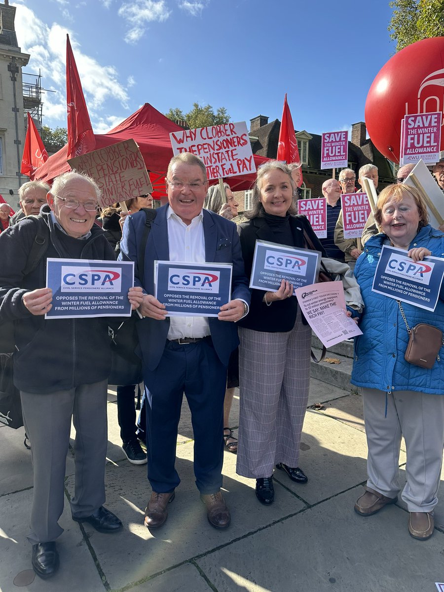 CivilCspa's tweet photo. CSPA members supporting the protest against the withdrawal of the #WinterFuelAllowance at the House of Commons today. General Secretary Sally Tsoukaris spoke at the rally about the hardship facing millions of #pensioners this winter https://t.co/IyDn5XOGKE https://t.co/nxgkwzLWcr