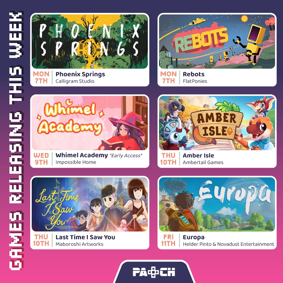 thepatchmag's tweet photo. happy monday, gamers! we’re absolutely pumped for the week, thanks to these six games releasing soon 🥹
good luck for launch day, devs!✨
@CalligramStudio
@FlatPonies
@whimel_academy
@AmberIsleGame
@MaboroshiArt
@EuropaGame https://t.co/W68jN0ksE2