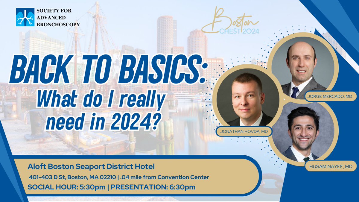 📢SEE EVERYONE TONIGHT @ 5:30pm!! Not too late to register ➡ sabronchoscopy.org/events/sab-bos…  Hear from #SAB Faculty Members Drs Jorge Mercado, Jonathan T Hovda &amp; Husam Nayef as they discuss "Back to Basics" of peripheral bronchoscopy.
#CHEST2024 #Boston #Educate #Innovate #Empower