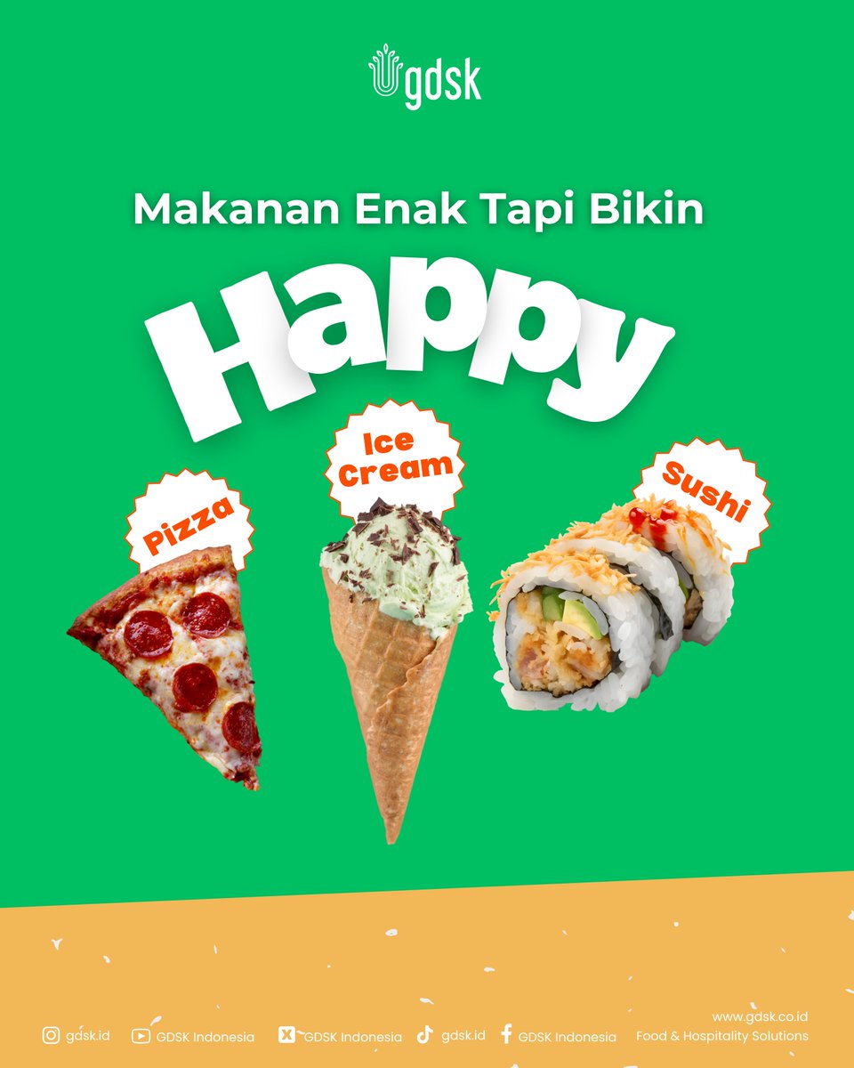Siap-siap senyum lebar dengan pilihan makanan yang nggak cuma enak, tapi juga bikin hati happy! Dari pizza sampai es krim, setiap gigitan dijamin bisa angkat mood kamu! 🍕🍔🍦

Kalo makanan happy versi #gdsksquad apa nih?