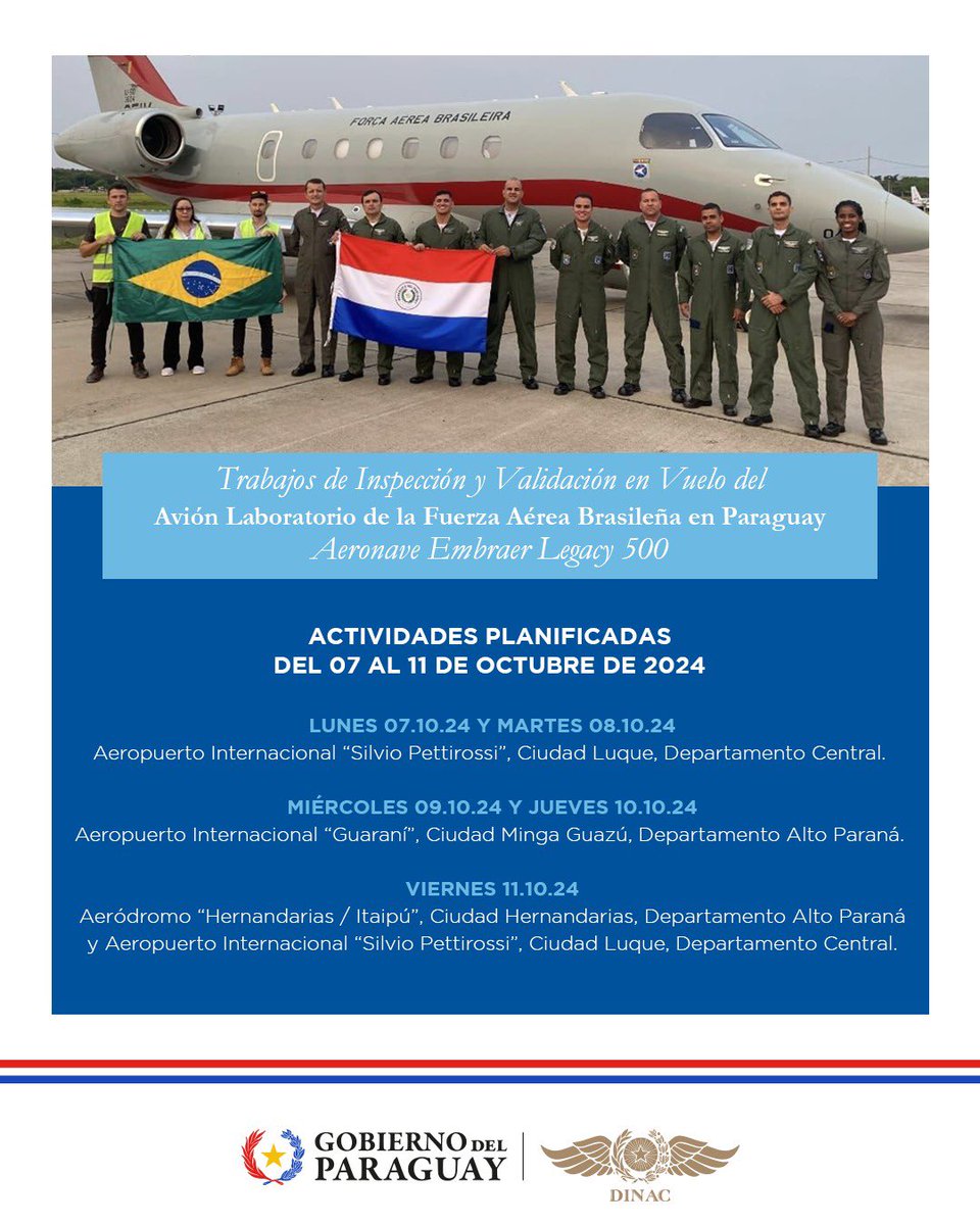 dinacpy's tweet image. 🛩️ Trabajos de Inspección y Validación en Vuelo

Actividades planificadas del Avión Laboratorio de la Fuerza Aérea Brasileña del 07 al 11 de octubre. 

#dinacpy