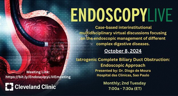 Cheryl DiMattia (@cheryl_dimattia) on Twitter photo Please join EndoscopyLIVE tomorrow, 10/8, from 7a-7:30a ET to discuss IATROGENIC COMPLETE BILIARY DUCT OBSTRUCTION: ENDOSCOPIC APPROACH, presented by Dr. Diogo Moura, Hospital das Clinicas, Sao Paulo, Brazil. Meeting Link: bit.ly/EndoscopyLIVEm…
<a href="/RobertoSimonsMD/">Roberto Simons-Linares, MD</a> <a href="/DiogoPhd/">Diogo Moura</a> Please join EndoscopyLIVE tomorrow, 10/8, from 7a-7:30a ET to discuss IATROGENIC COMPLETE BILIARY DUCT OBSTRUCTION: ENDOSCOPIC APPROACH, presented by Dr. Diogo Moura, Hospital das Clinicas, Sao Paulo, Brazil. Meeting Link: bit.ly/EndoscopyLIVEm…
<a href="/RobertoSimonsMD/">Roberto Simons-Linares, MD</a> <a href="/DiogoPhd/">Diogo Moura</a>