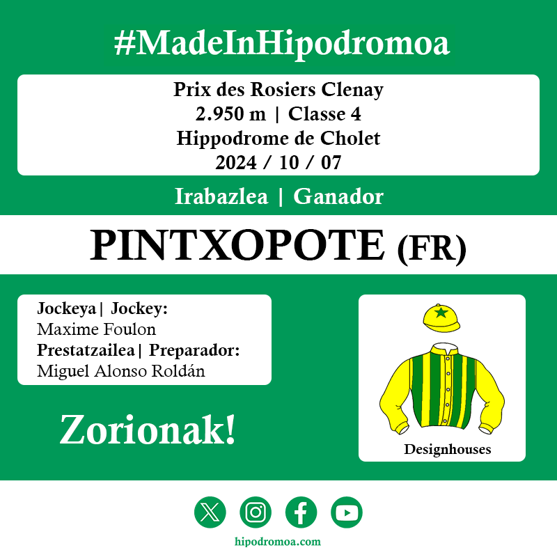 🥇 [𝗚𝗔𝗥𝗔𝗜𝗣𝗘𝗡-𝗧𝗥𝗜𝗨𝗡𝗙𝗢 𝗗𝗢𝗡𝗢𝗦𝗧𝗜𝗔𝗥𝗥𝗔]

🏇 Prix des Rosiers Clenay
🇫🇷 Cholet

🐴 PINTXOPOTE (FR)
🧢 Maxime Foulon
👤 Miguel Alonso Roldán
👕 Designhouses

🎉 𝗭𝗢𝗥𝗜𝗢𝗡𝗔𝗞!

#MadeInHipodromoa