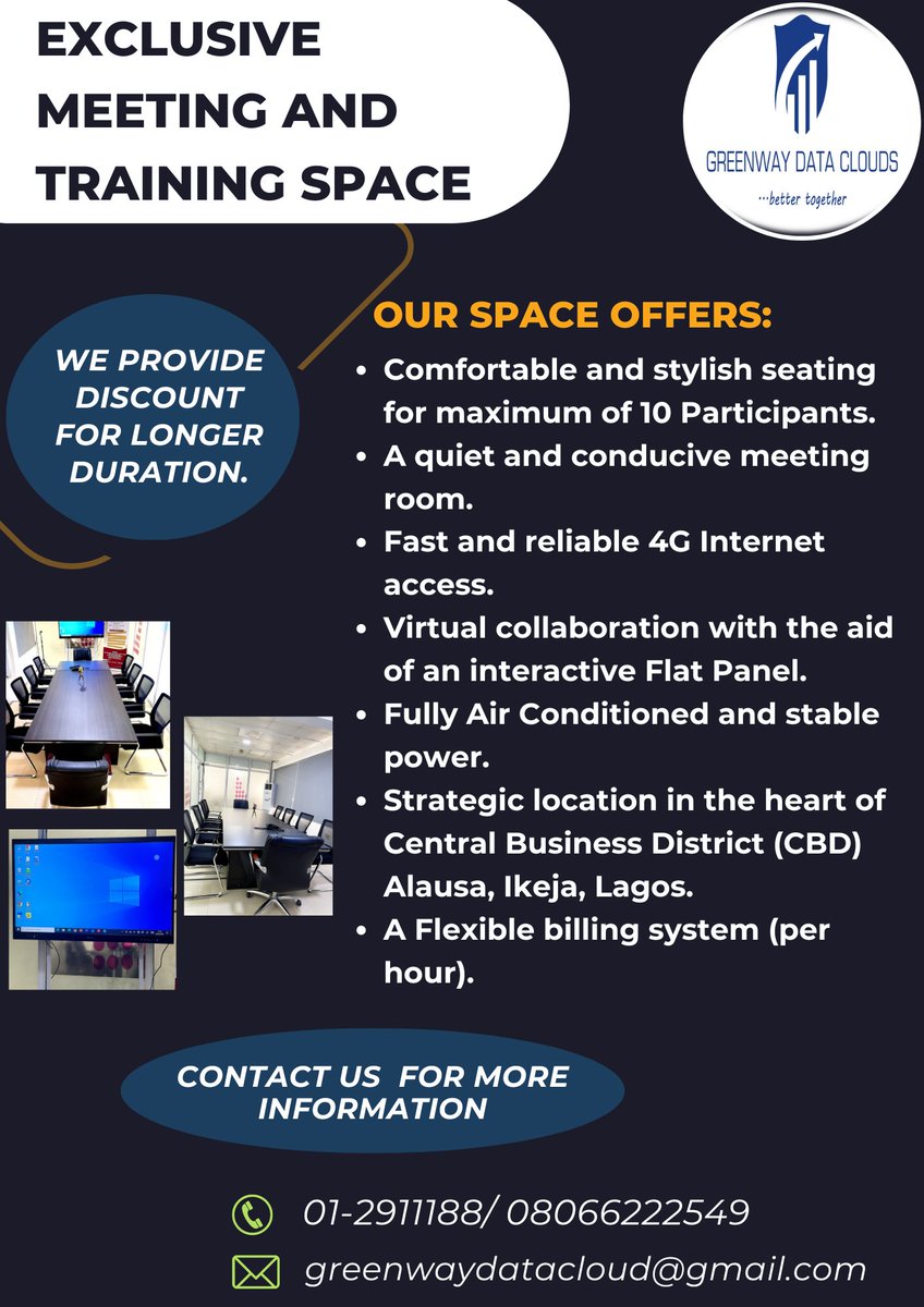GW_datacloud's tweet image. A Quick One
Did you know that, we offers maximum comfort and satisfaction when you hold companies or organizations meetings and training using our space? Experience the best moment by booking a space today.#meetingspace #trainingspace #GDC
