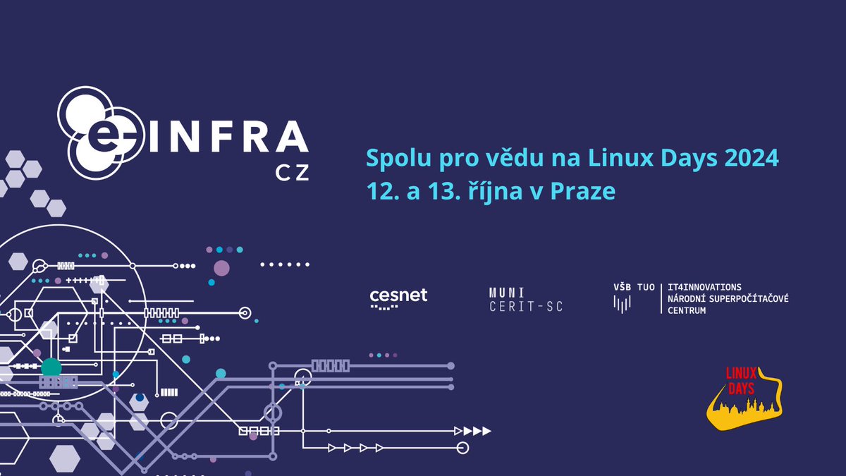 Blíží se <a href="/LinuxDaysCZ/">LinuxDays</a> 2024! 🌍💻
Přijďte zažít atmosféru největší linuxové konference, načerpat nové znalosti a potkat stejně naladěné nadšence.
Co jsme si pro vás připravili na stánku e-INFRA letos? Soutěž o skvělé ceny, virtuální realitu, spoustu zajímavostí a pípu s Kofolou!