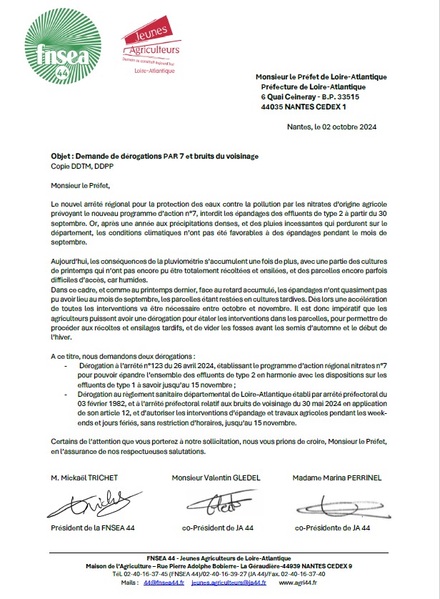 🔴 La <a href="/FNSEA44/">FNSEA44</a> et <a href="/jeunesagri44/">Jeunes Agriculteurs de Loire-Atlantique JA44</a> s'unissent pour demander une dérogation des travaux agricoles jusque mi- novembre suite aux conditions météorologiques contraignantes pour l'exercice de la profession.
#Agriculture 
<a href="/FNSEA/">La FNSEA</a>