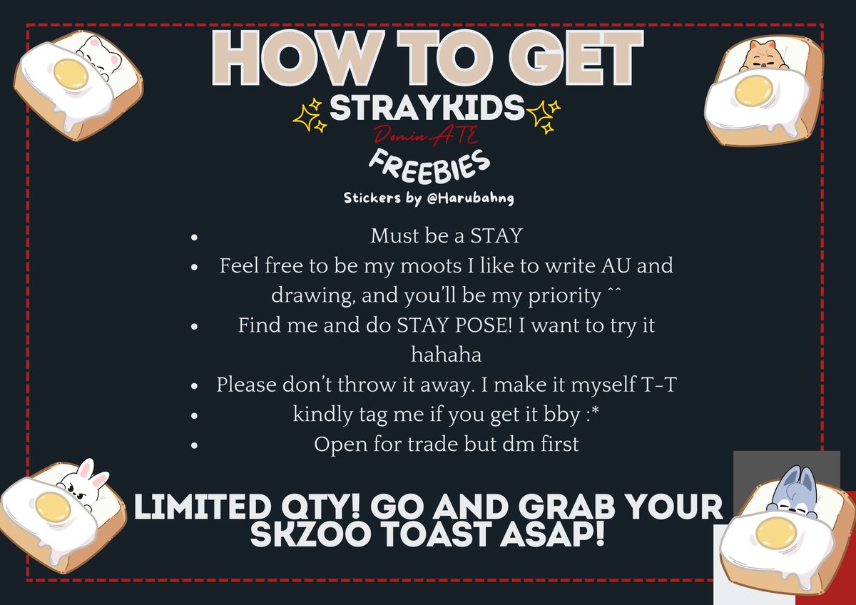HaruBahng's tweet image. RT &amp;amp; LIKE ARE APPRECIATED ♥️

STRAY KIDS DOMINATE JAKARTA 
freebies by @harubahng

Get your SKZOO Toast sticker. 
Open for trade, just DM ^^ Limited stock!! 

📍GBK MADYA STADIUM JKT
🗓️21 DES 2024 
⏲️TBA

 #dominATE_JAKARTA #StrayKids ✨