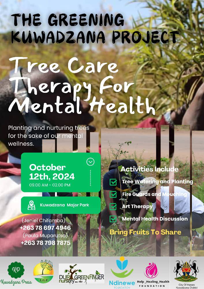 🌳Join us for a transformative day at our Tree Care Therapy for Mental Health event in collaboration with Kuwadzana Press, Let's Green The Future Organization  , Help Healing Health, Duri Green Finger and City of Harare Kuwadzana District.