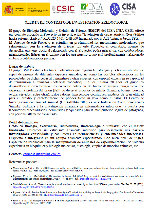 Tyr_Handcv's tweet photo. ¿Quieres hacer tu tesis doctoral en el grupo de priones del CISA en Valdeolmos? 
Disponemos de un contrato pre-doctoral para incorporarse al grupo de priones del CISA en Valdeolmos 
@CISA_INIA_CSIC @INIA_es @CISA_INIA_CSIC @INIA_es @csic @RLASB_ICTS https://t.co/a2TaZsYanD