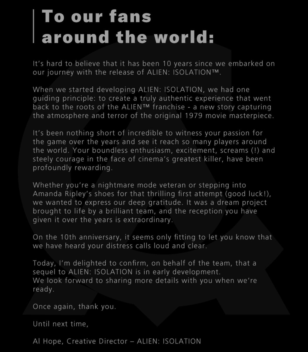 Dexerto's tweet image. An ‘Alien: Isolation’ sequel is in early development