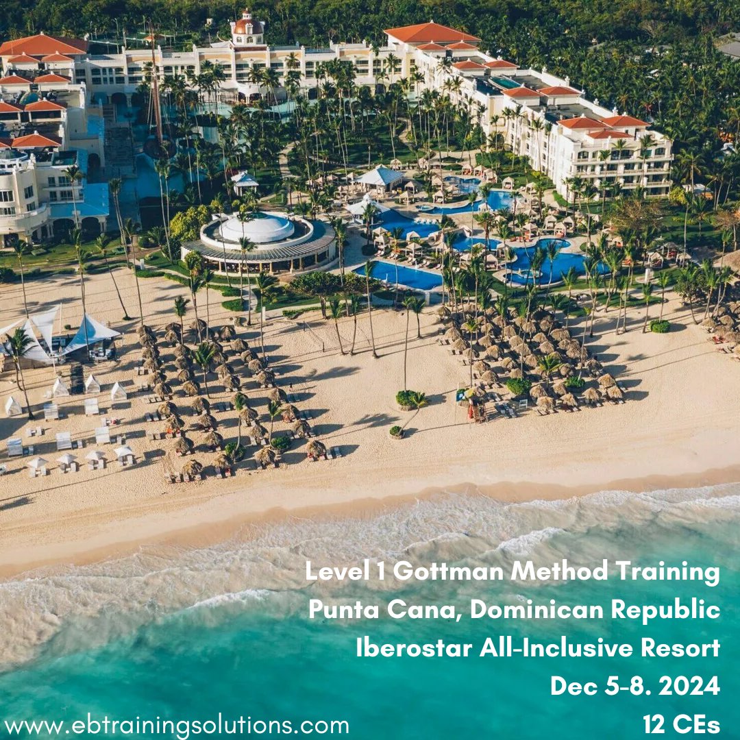 Therapists, grab your spot while you can and before the early bird price expires!

Join us in beautiful Punta Cana, Dominican Republic at the Iberostar All-Inclusive Resort for a Level 1 Gottman Intensive worth 12 CEs. 

ebtrainingsolutions.com/event/2024-12-…