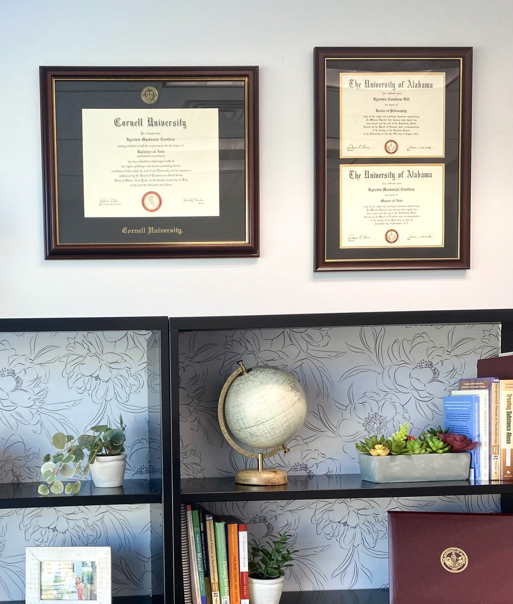 After carrying my diplomas around in a box for years with no office to hang them in, they’re finally on display ☺️