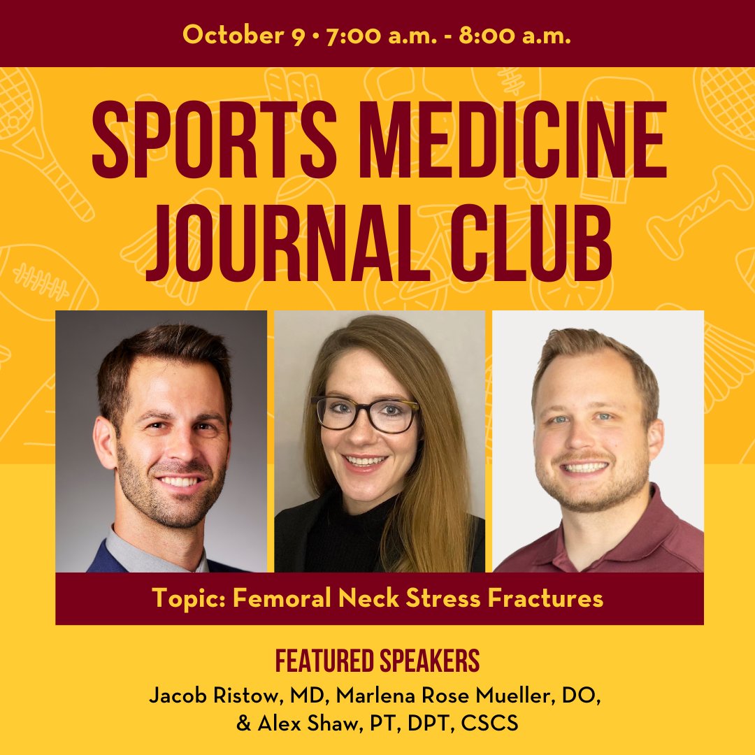 Join us &amp; <a href="/MhfvRes/">MHFV Rehabilitation Residencies</a> on October 9 for Sports Medicine Journal Club! Topic this month is "Femoral Neck Stress Fractures."    

🗓 Wednesday, Oct. 9, 7 - 8 a.m. CST  
💻 Zoom: z.umn.edu/92k5