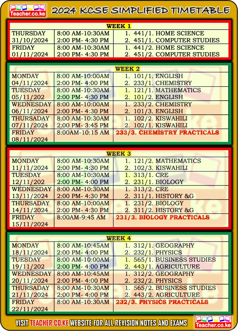 Teacher254's tweet photo. 2024 KCSE Timetable https://t.co/KsbXQS6luK
