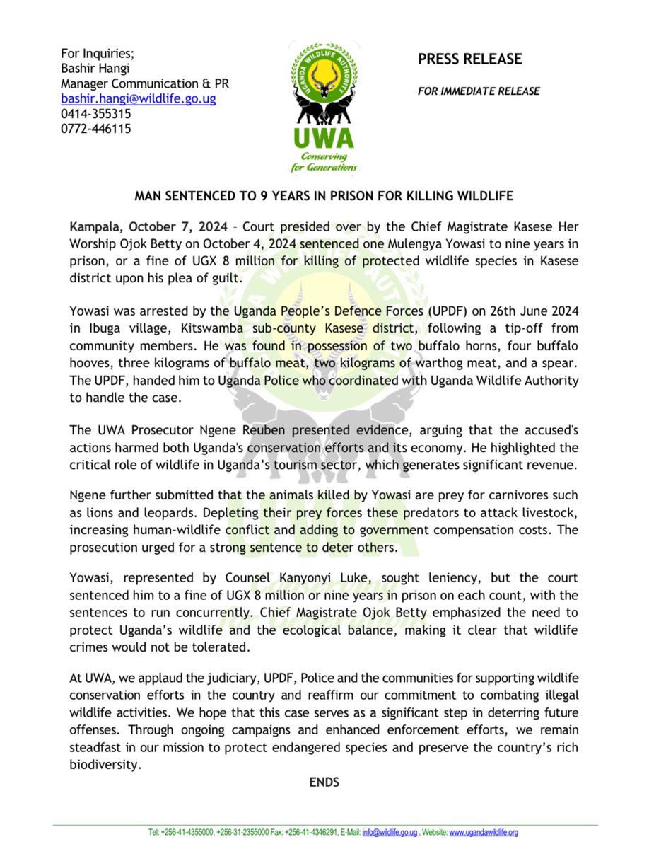 Uganda Wildlife Authority (@ugwildlife) on Twitter photo Man sentenced to nine years in prison for killing wildlife. Details in our Press Release โฌ๏ธ
At UWA, we applaud the <a href="/JudiciaryUG/">Judiciary Uganda</a>, <a href="/MODVA_UPDF/">Uganda Peoples' Defence Forces</a>, <a href="/PoliceUg/">Uganda Police Force</a> and the communities for supporting wildlife conservation efforts in the country.
#ConservingForGenerations Man sentenced to nine years in prison for killing wildlife. Details in our Press Release โฌ๏ธ
At UWA, we applaud the <a href="/JudiciaryUG/">Judiciary Uganda</a>, <a href="/MODVA_UPDF/">Uganda Peoples' Defence Forces</a>, <a href="/PoliceUg/">Uganda Police Force</a> and the communities for supporting wildlife conservation efforts in the country.
#ConservingForGenerations