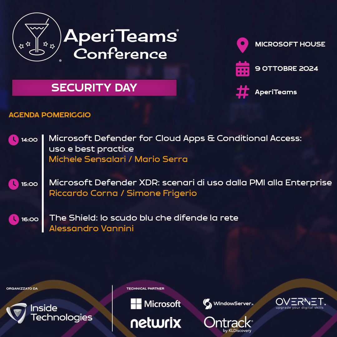 InsideTech_it's tweet image. 📢 #AperiTeams Conference Security Day 2024

Ecco di cosa parleremo nel corso del pomeriggio 👇

🎟️ Iscrizioni: aperiteams.it

#InsideTechnologies