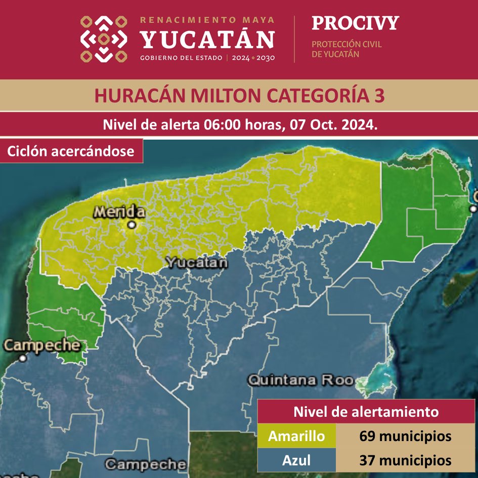 ALERTA AMARILLA 🟡

Ante la presencia del Huracán #Milton categoría 3, el Sistema de Alerta Temprana para Ciclones Tropicales, ha emitido #AlertaAmarilla para la zona centro, norte, noreste, noroeste y oeste de #Yucatán.

Les invitamos a permanecer informados a través de nuestras