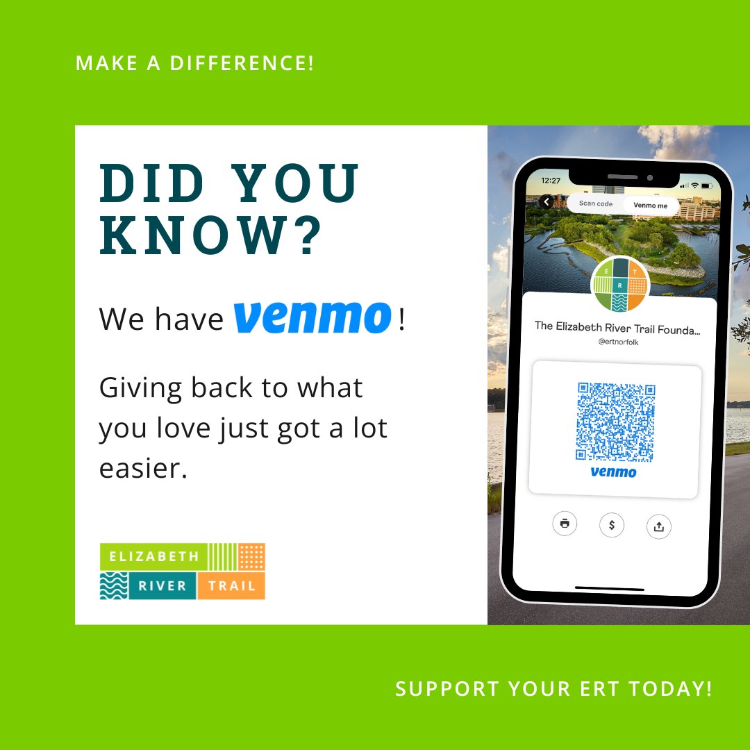 🤩We're excited to offer an easy way to support what you love💚! Just search <a href="/ertnorfolk/">ElizabethRiverTrail</a> in your Venmo app and you're all set.

#yourert #somethingforeveryone #ertnorfolk #supportert #donate #celebratetrails
