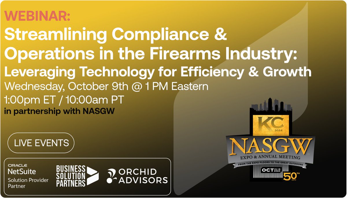 Are you ready to simplify compliance and enhance operational efficiency within your firearms business? 

We are excited to invite you to an exclusive free webinar hosted by Business Solution Partners (BSP) and Orchid Advisors in partnership with NASGW.

zurl.co/pkcj