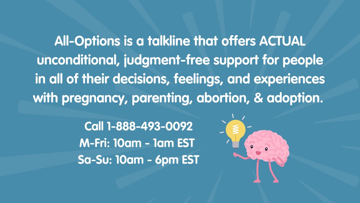 @alloptionsnatl is a toll free talkline where you can access ACTUAL non-judgemental support about a pregnancy.

Call 1-888-493-0092
M-Fri: 10am - 1am
Sa-Su: 10am - 6pm EST

#abortion #alloptions