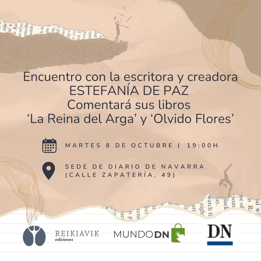 Club de lectura con la escritora Estefanía de Paz 

Hablará sobre sus libros ‘La Reina del Arga’ y ‘Olvido Flores’

🗓️Martes 8 de octubre a las 19:00h
📍Sede de Diario de Navarra (calle Zapatería, 49)
Mundo DN  y Diario Navarra 

#reikiavikediciones #libro #aplausos #funambulista