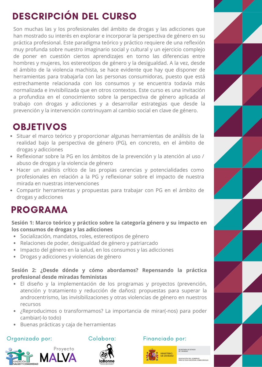 ¡NUEVO CURSO "PERSPECTIVA DE GÉNERO Y DROGAS" EN BARCELONA!

📅5 y 6 noviembre 2024
🕑9h a 14h
📍<a href="/LaBonne_CCDFB/">La Bonne</a>
👩‍🏫 Imparten <a href="/AnaBurgosG/">Ana Burgos</a> i @GiselaHANSEN6
🧶 Organiza <a href="/Malva_FSYC/">Proyecto Malva</a> de <a href="/fundsalcom/">Fundación Salud y Comunidad</a>
💸 Financia <a href="/PNSDgob/">Plan Nacional Sobre Drogas</a>
▶️Más información e inscripciones: drogasgenero.info/nova-edicio-de…
