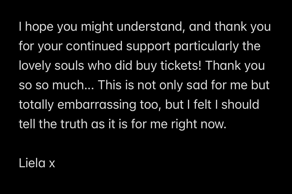 LielaMoss's tweet photo. Cancellation of live dates. https://t.co/ujm6h10tSK
