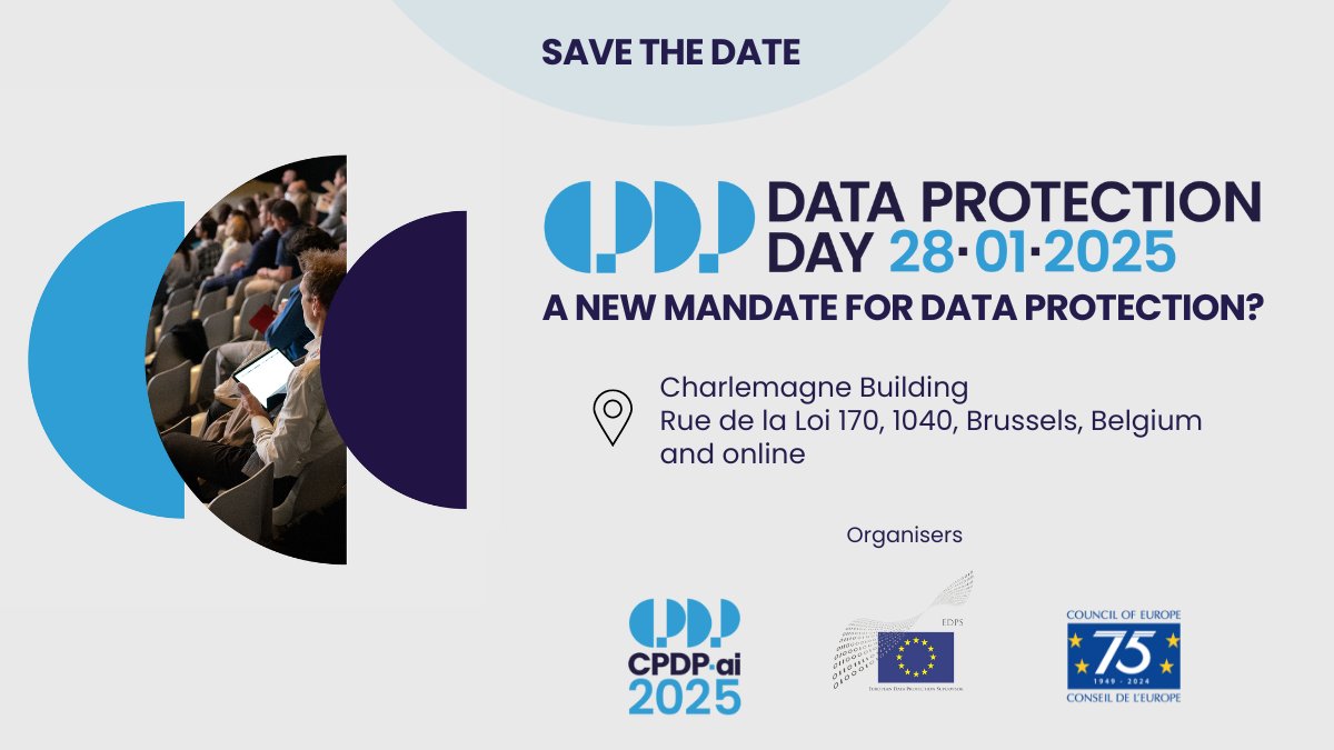 CPDPconferences's tweet photo. #SaveTheDate: 28.01.2025!
@EU_EDPS, @coe, #CPDPai2025 invite you to celebrate another edition of CPDP Data Protection Day in Brussels #GDPR #convention108 #HumanRights
Venue: @EU_Commission
More information: https://t.co/T11g4LNki2 https://t.co/UeiMMwbl0X