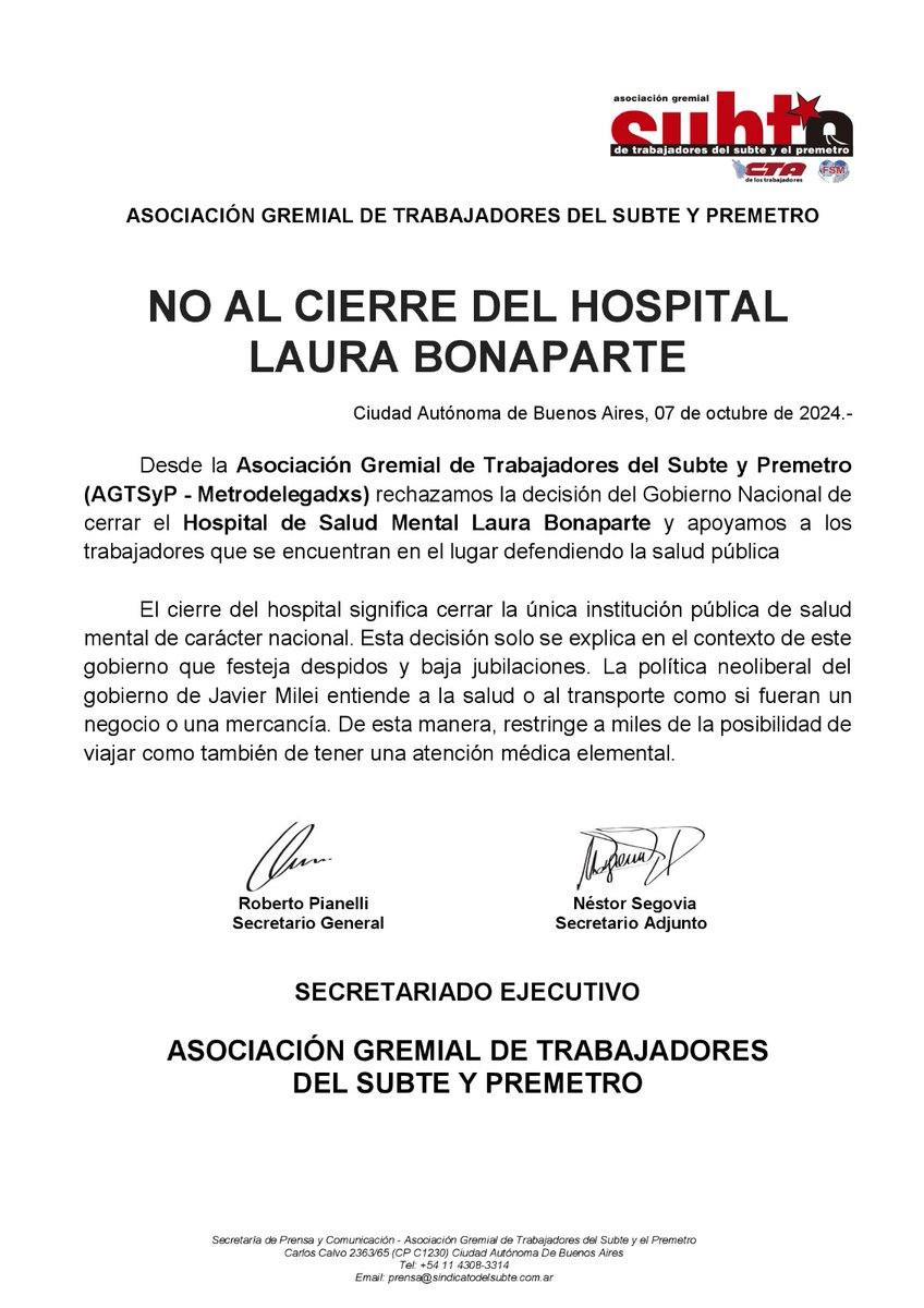 prensadelsubte's tweet photo. 🗣️ ¡NO AL CIERRE DEL HOSPITAL LAURA BONAPARTE!

Hoy a las 11hs acompañamos a sus trabajadores y trabajadoras en el acto en contra del cierre del hospital, que es la única institución de salud mental de carácter nacional. https://t.co/cqbyGXlM5j