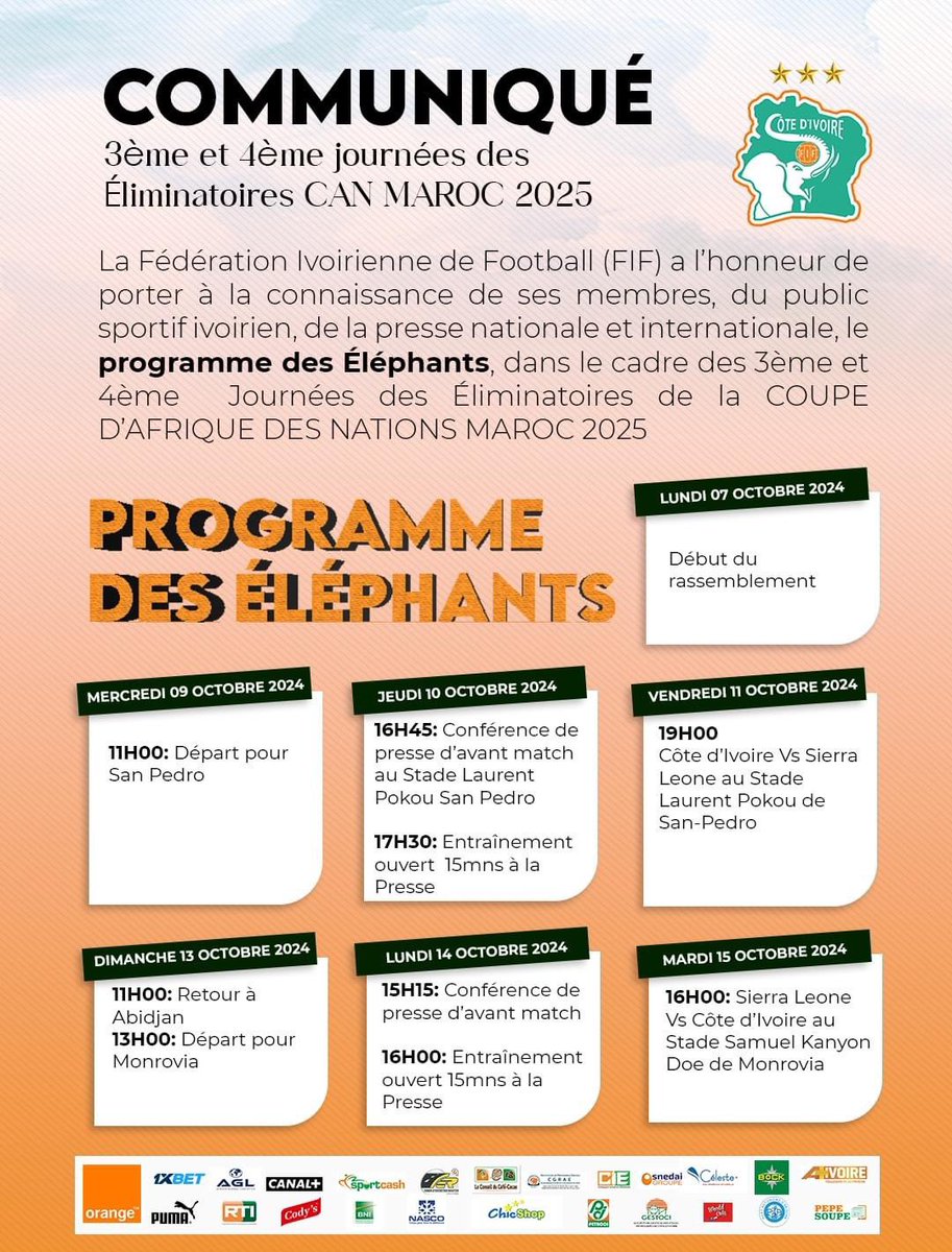 Footzone211296's tweet photo. Le programme des éléphants FIF #sport #football https://t.co/bfEJgcg0kA