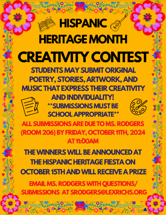 dutchforkhigh's tweet image. 🎉 Calling all creative minds! In celebration of Hispanic Heritage Month, submit your original poetry, stories, art, or music by Oct 11! 🖌️🎶 Winners announced at the Fiesta on Oct 15! Questions? Email Ms. Rodgers! #HispanicHeritage #CreativityContest