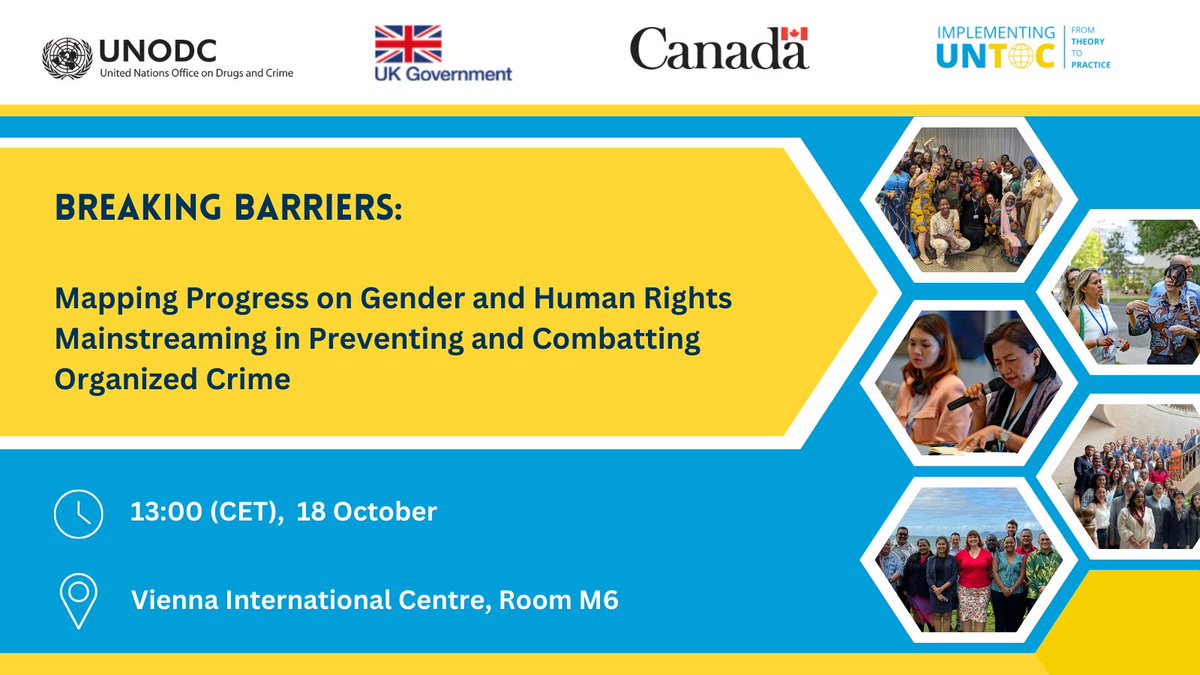 📢COP side event alert: On 18 October, we’re talking all things gender, human rights, and organized crime.

A panel of experts will gather to discuss progress and challenges in breaking barriers to mainstream gender and human rights to combat #OrganizedCrime.

⏰VIC M6 1PM