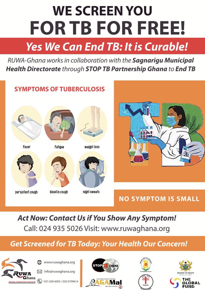 ruwa_ghana's tweet photo. Join the fight against TB in Sagnarigu!
RUWA-Ghana & Stop TB Partnership Ghana offer FREE screenings in the Northern Region. Early detection saves lives. No symptom is too small. Act now!
Call +233 24 935 5026
#EndTB #FreeTBScreening #RUWAGhana #StopTBPartnership https://t.co/iDyXslXavh