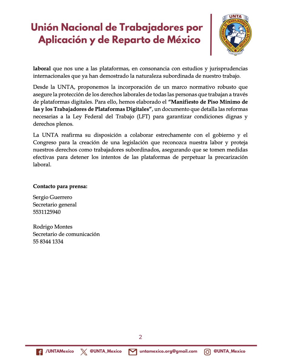 Apoyamos la propuesta de la presidenta Sheinbaum para dar seguridad social a repartidores 📦, pero pedimos reconocimiento laboral para todos los trabajadores de plataformas 🚗🛵
Las empresas usan su poder 💰 para negarnos derechos laborales. 
¡Basta de precariedad! ✊
 #UNTA