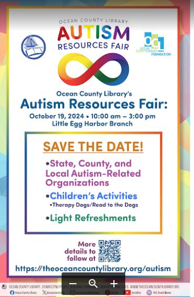 Autism Resource Fair sponsored by the Ocean County Library, 10/19. Please contact the Branch directly. Tap the image for more details! 💚 <a href="/Brick_K12/">Brick Township Public Schools</a>