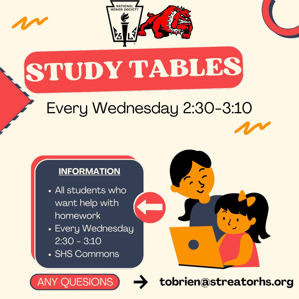 StreatorHigh's tweet image. Study Tables
Every Wednesday 2:30-3:10
#studytables
#shsdawgs
#NHS
#streatornhs
#streatorstudytables
#schoolannouncement
#publicannouncement