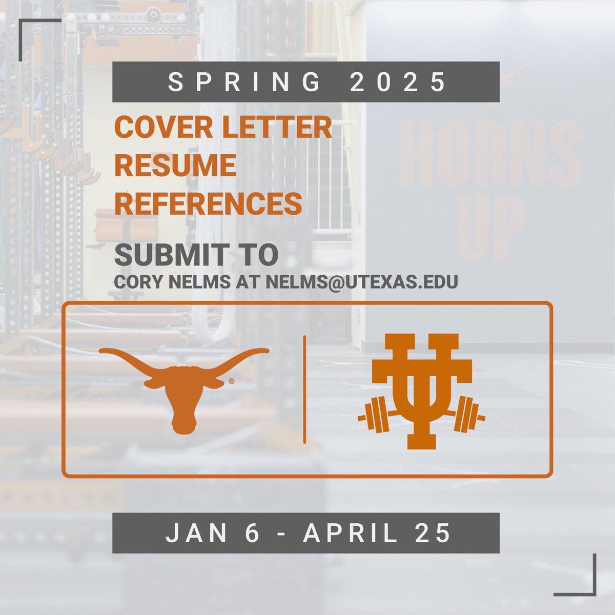 Texas Athletic Performance (@texasap) on Twitter photo 🚨Spring 2025 Internship🚨
📆 Jan 6 - April 25
📧 nelms@utexas.edu
📄 Cover Letter, Resume, References
🎯Bridge training theory and practice
🎯Improve interpersonal skills
🎯Explore collegiate coaching 🚨Spring 2025 Internship🚨
📆 Jan 6 - April 25
📧 nelms@utexas.edu
📄 Cover Letter, Resume, References
🎯Bridge training theory and practice
🎯Improve interpersonal skills
🎯Explore collegiate coaching