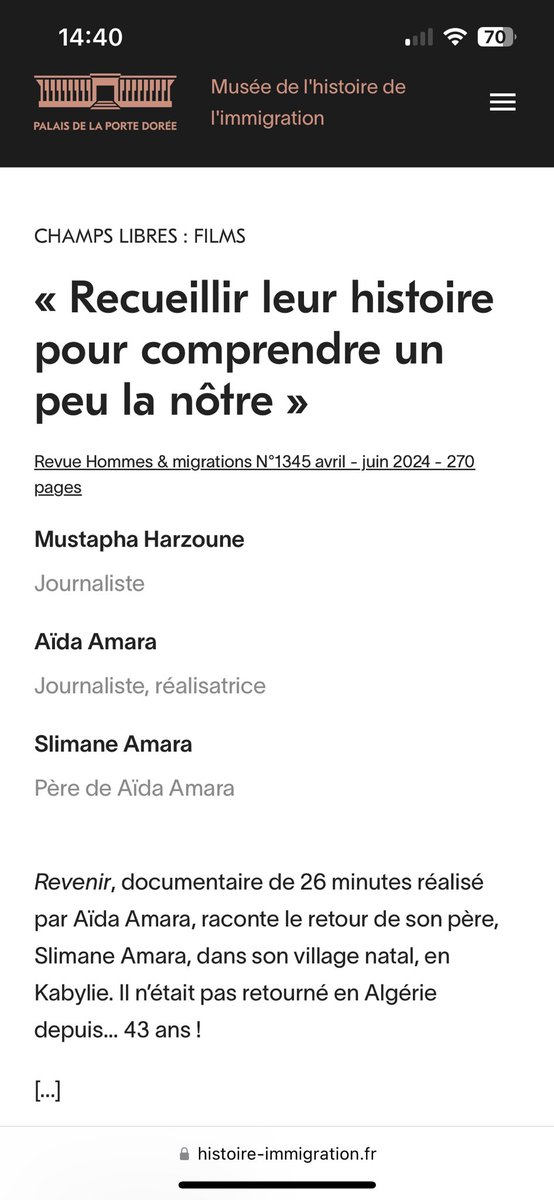 AidaAmara's tweet photo. Pour REVENIR, j’ai répondu avec mon père aux questions de la revue Hommes et migrations du @Palaisptedoree 
Deux générations qui parlent de transmission, de silence et des enfants d’immigrés, des hybrides en quête de leurs histoires. https://t.co/w6mbzKOQFX