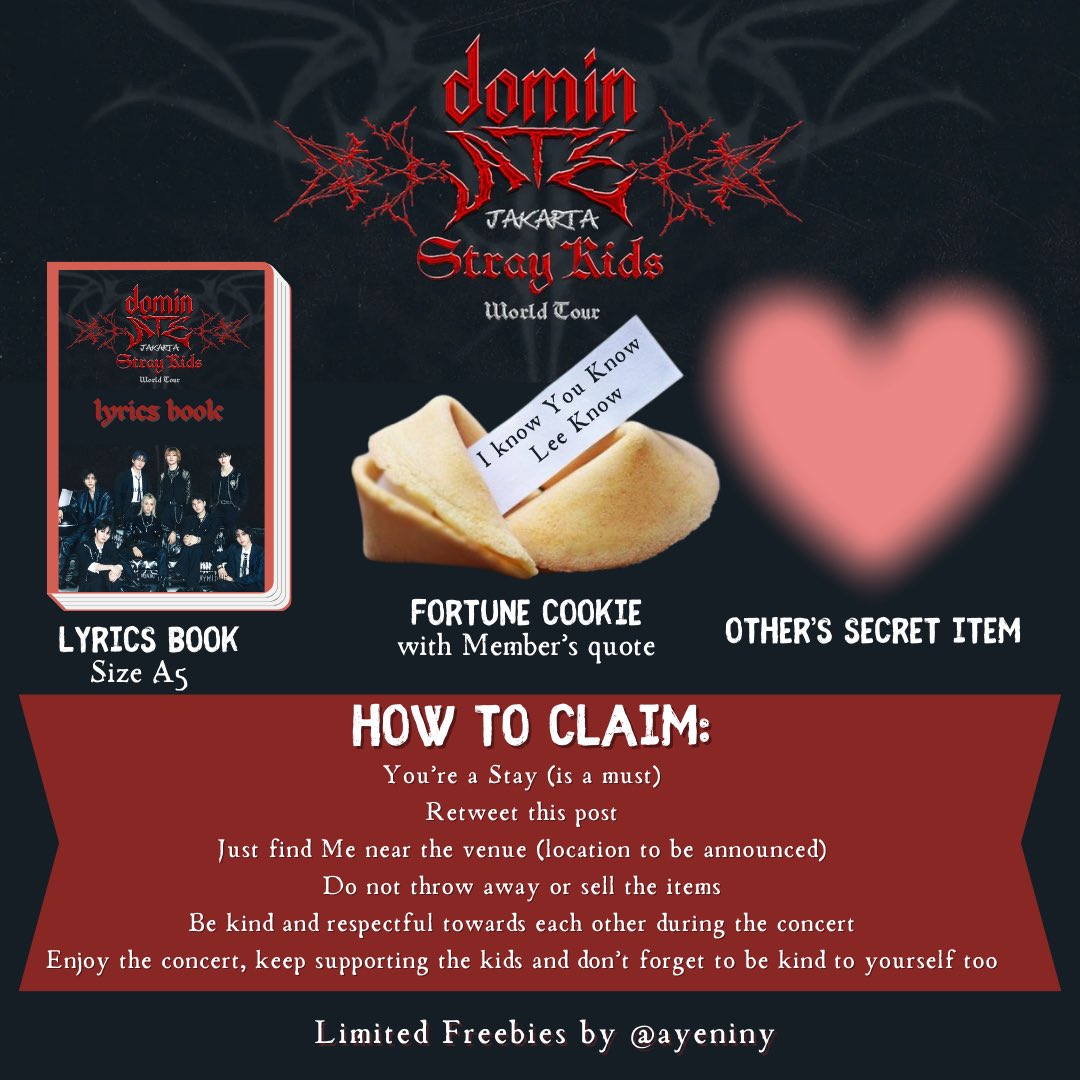 ayeniny's tweet image. ✨ DominATE in Jakarta Limited freebies by @ayeniny  ✨

📅: December, 21st 2024 
📍: Madya Stadium GBK (exact location to be announced) 
🕰️: TBA 

Retweet or like is highly appreciated 🫶

See You at the venue Stays 🌻

#dominATE_Jakarta #StrayKids