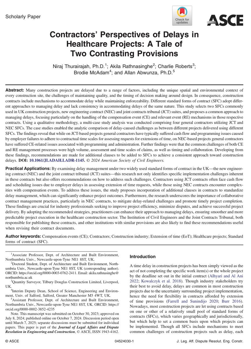 🚨
Our latest publication compares how the New Engineering Contract (#NEC) and the Joint Contracts Tribunal (#JCT) standard form of contracts tackle delays. We recommend adding specific clauses to standardise delay management. Is it time to reconsider how we're managing delays?