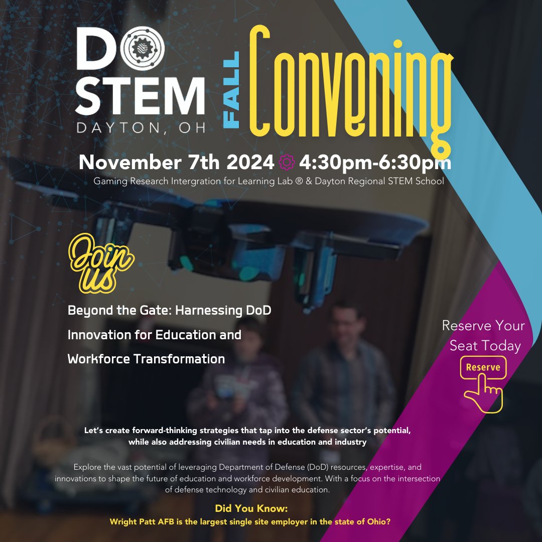 Do STEM (@stem_do) on Twitter photo Register today for the DO STEM Fall Convening: bit.ly/FallConvening2…
Join us at the <a href="/AFResearchLab/">Air Force Research Lab - AFRL</a> Gaming Research Integration for Learning Lab® and Dayton Regional STEM School for networking, keynote panel, and the opportunity to learn about STEM Education in our region. Register today for the DO STEM Fall Convening: bit.ly/FallConvening2…
Join us at the <a href="/AFResearchLab/">Air Force Research Lab - AFRL</a> Gaming Research Integration for Learning Lab® and Dayton Regional STEM School for networking, keynote panel, and the opportunity to learn about STEM Education in our region.
