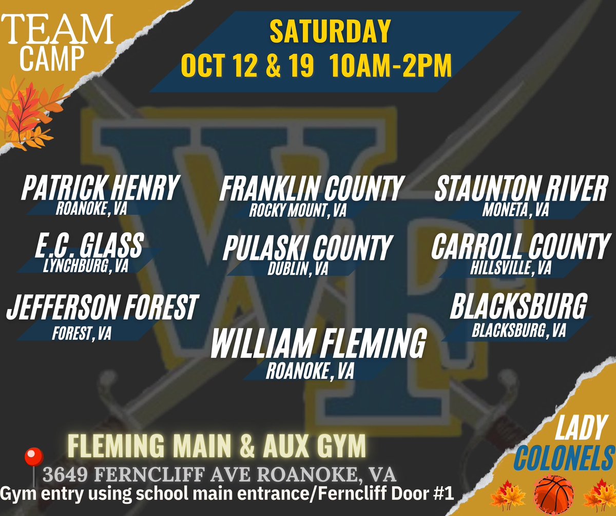 William Fleming Girls BB (@fleming_gbb) on Twitter photo College coaches stop by our gym this Sat 10/12 & Next Sat 10/19 for our #LadyColonels๐๐ ๐๐ #TeamCamp! Several great HS teams will be attending for some good preseason comp!! <a href="/Assist_U_/">AssistU Recruiting</a> <a href="/MMBR_CoachGBell/">Major Movez Basketball Review #MMBR</a> <a href="/InsiderExposure/">InsiderExposure</a> @SWVAGirlsHoops <a href="/JrAllStar_VA/">Virginia Jr. All-Star GBB</a> <a href="/PGHVirginia/">Prep Girls Hoops Virginia</a> <a href="/WFAthletics/">ColonelPride</a> College coaches stop by our gym this Sat 10/12 & Next Sat 10/19 for our #LadyColonels๐๐ ๐๐ #TeamCamp! Several great HS teams will be attending for some good preseason comp!! <a href="/Assist_U_/">AssistU Recruiting</a> <a href="/MMBR_CoachGBell/">Major Movez Basketball Review #MMBR</a> <a href="/InsiderExposure/">InsiderExposure</a> @SWVAGirlsHoops <a href="/JrAllStar_VA/">Virginia Jr. All-Star GBB</a> <a href="/PGHVirginia/">Prep Girls Hoops Virginia</a> <a href="/WFAthletics/">ColonelPride</a>