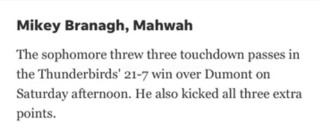 So thankful to be put up for player of the week! <a href="/MahwahFootball/">Mahwah Football</a> <a href="/Coach_Szuch/">Coach Szuch</a> 

northjersey.com/story/sports/h…