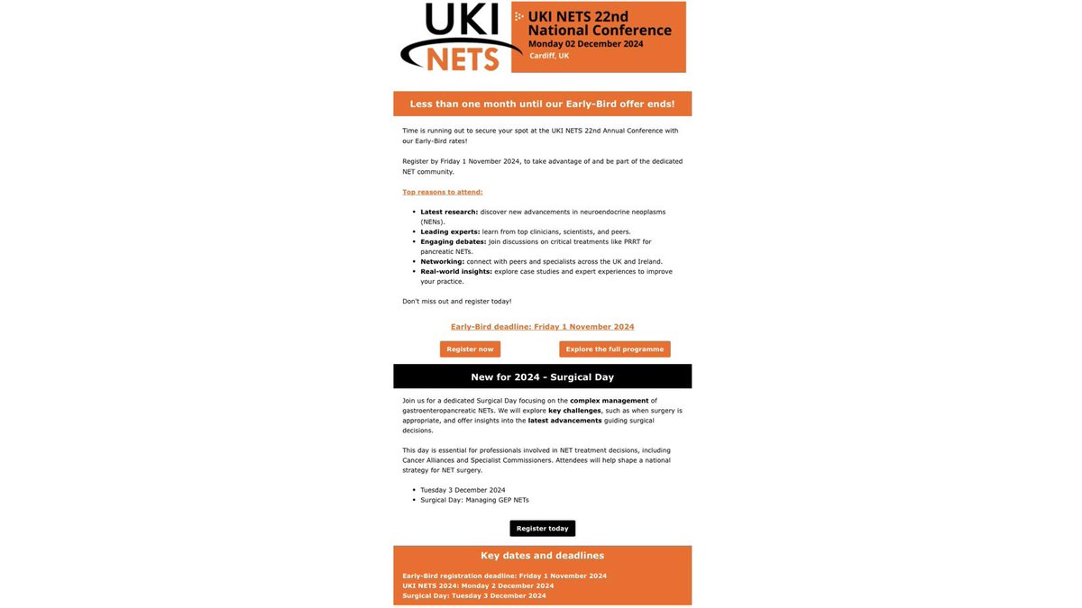 Less than 1 month until our early bird offer expires <a href="/ukinets/">UKINETS</a> Conference 2024. Also see our fantastic Surgical Day straight after the conference… Register now! ukinets.org/uki-nets-2024-…