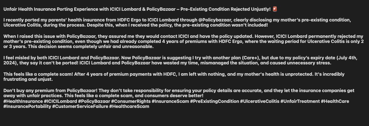 Harshil10100's tweet photo. @policybazaar @ICICILombard scammed me! Ported my parents' insurance, disclosed PED but it wasn’t included. ICICI rejected it despite 4 years of premiums. Completely unfair!

#fraud #insurance #scamfund #Policybazar #ICICIBank #lifeinsurance
#Health #IRDAI #insurance #IRDA https://t.co/9KxaAprsgE