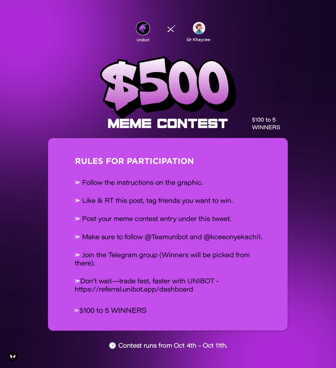 Sir🔶️Khaycee (🎮) (@kceeonyekachi1) on Twitter photo WHOPPING $500 MEME CONTEST!
$100 each for 5 lucky winners.
Sponsored by <a href="/TeamUnibot/">Unibot</a>
Instructions:
⪼ Like & RT this post, tag friends you want to win.
⪼ Post your meme contest entry under this tweet.
⪼ Make sure to follow @Teamunibot and <a href="/kceeonyekachi1/">Sir🔶️Khaycee (🎮)</a> and <a href="/JaypeeJnr2/">Jàypeejnr 🐐</a>
⪼ WHOPPING $500 MEME CONTEST!
$100 each for 5 lucky winners.
Sponsored by <a href="/TeamUnibot/">Unibot</a>
Instructions:
⪼ Like & RT this post, tag friends you want to win.
⪼ Post your meme contest entry under this tweet.
⪼ Make sure to follow @Teamunibot and <a href="/kceeonyekachi1/">Sir🔶️Khaycee (🎮)</a> and <a href="/JaypeeJnr2/">Jàypeejnr 🐐</a>
⪼