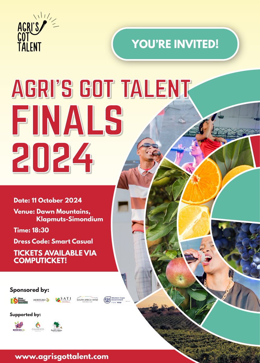 AgriTalent's tweet photo. Join us for an unforgettable evening as we celebrate our 2024 finalists!

Date: 11 October 2024, 18:00
Venue: Dawn Mountains, Simondium (https://t.co/Olf43h4QC4)

Get your tickets NOW via Computicket and be part of this exciting event: https://t.co/3f25zBlrDL https://t.co/whpZK4iKJT
